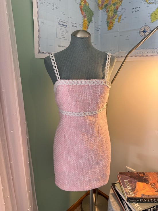Avec Les Filles Dresses & Skirts - Avec Les Filles Pink Tweed Mini Dress with White Crochet Straps